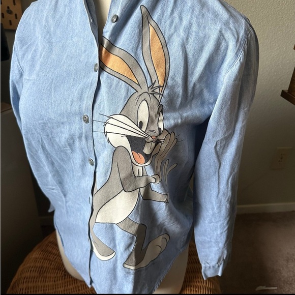 Light Blue Cartoon Character Women's Button Down Shirt - Picture 3 of 7